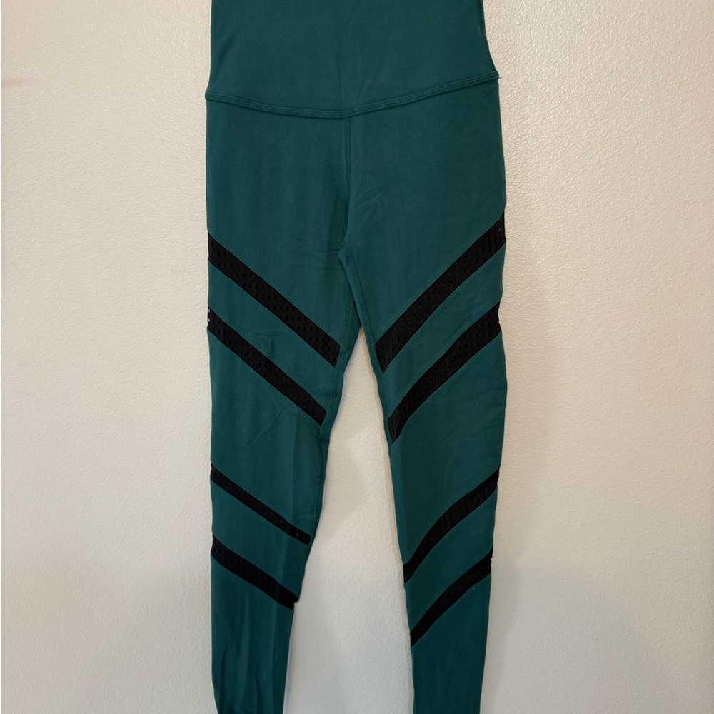 Green and Black High-Waisted Leggings with Mesh Stripes